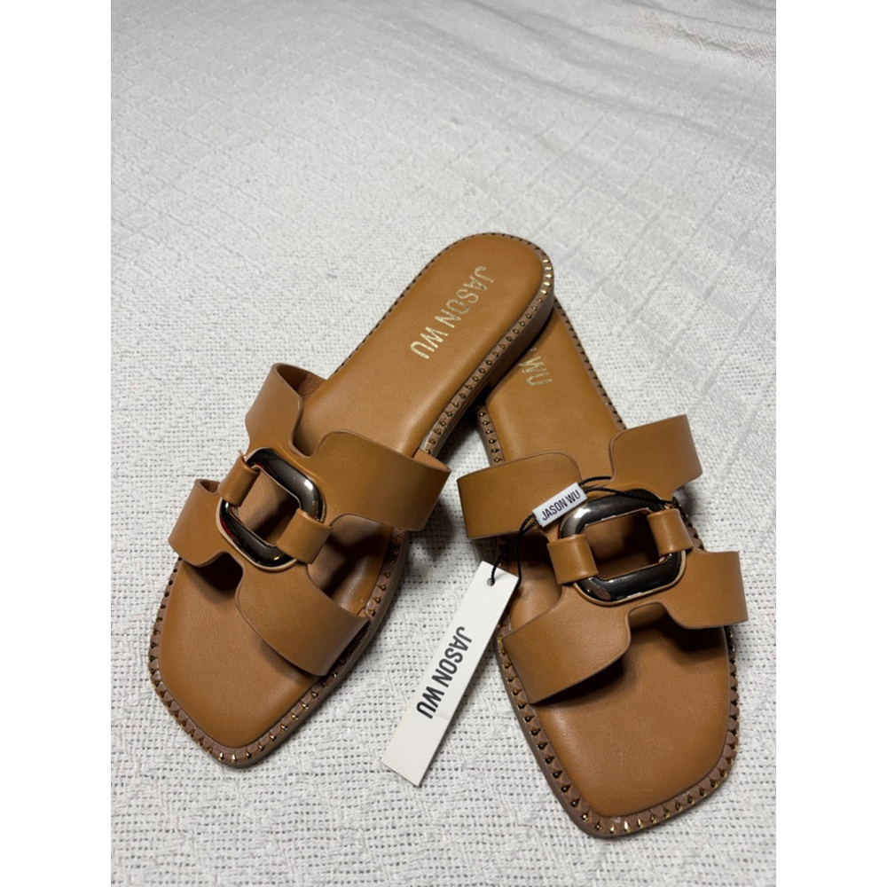 NWT Faux Leather Jason Wu Tan "Danis" Slip-On Slide Sandals Women's Size 9.5 - Picture 2 of 6